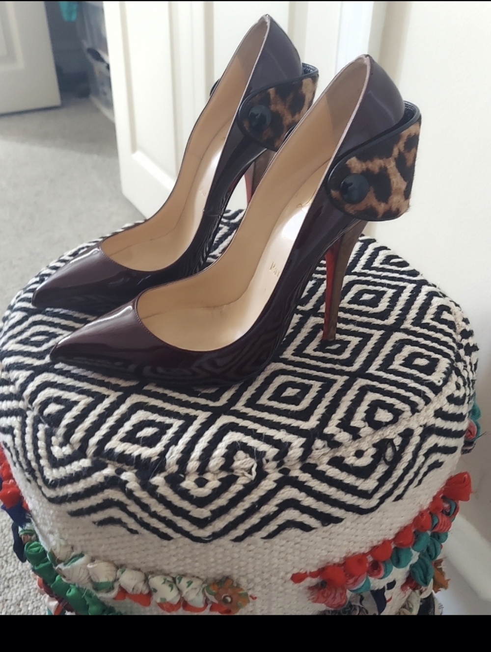 Louboutin Huguetta 120 Burgundy Patent Leopard Sling Stilletto Pump Gold Heel 38